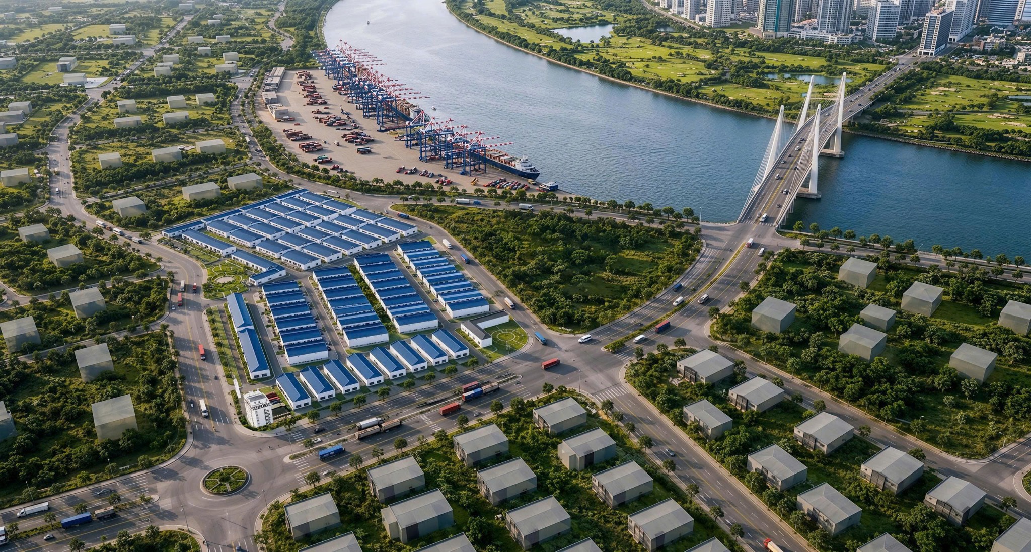 Phối cảnh trên cao cảng và cầu